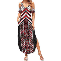 Maori Tukutuku Taniko Motifs Family Matching Summer Maxi Dress and Hawaiian Shirt Red Poutama Mix Kowhaiwhai LT7 Mom's Dress Red - Polynesian Pride
