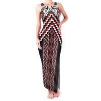 Maori Tukutuku Taniko Motifs Family Matching Tank Maxi Dress and Hawaiian Shirt Red Poutama Mix Kowhaiwhai LT7 Mom's Dress Red - Polynesian Pride