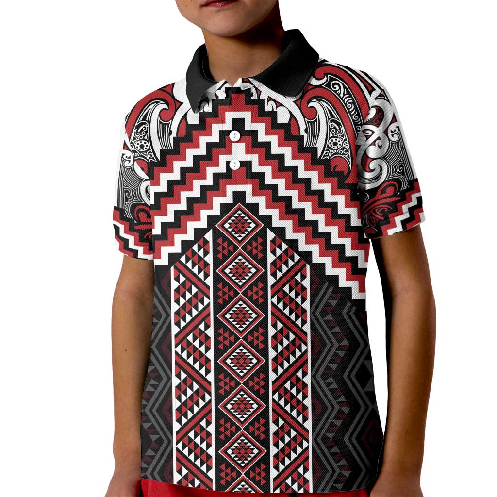 Maori Tukutuku Taniko Motifs Kid Polo Shirt Red Poutama Mix Kowhaiwhai
