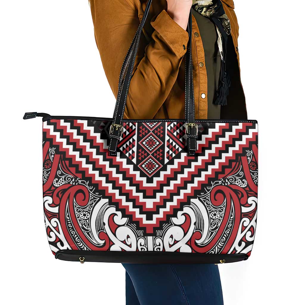Maori Tukutuku Taniko Motifs Leather Tote Bag Red Poutama Mix Kowhaiwhai