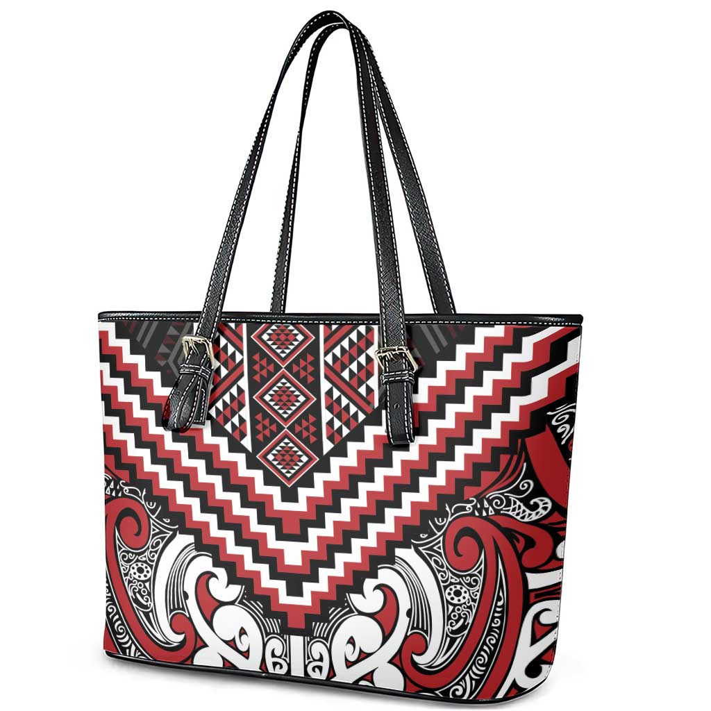 Maori Tukutuku Taniko Motifs Leather Tote Bag Red Poutama Mix Kowhaiwhai
