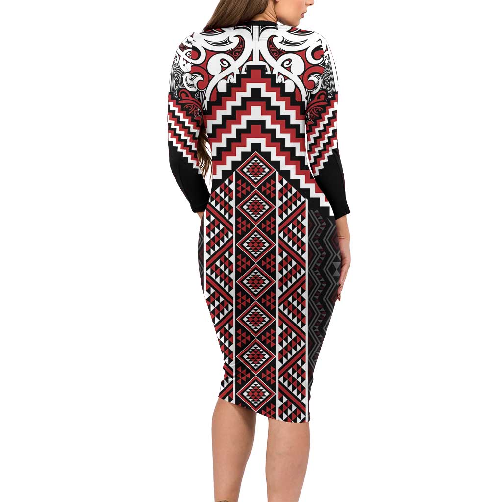 Maori Tukutuku Taniko Motifs Long Sleeve Bodycon Dress Red Poutama Mix Kowhaiwhai LT7 - Polynesian Pride