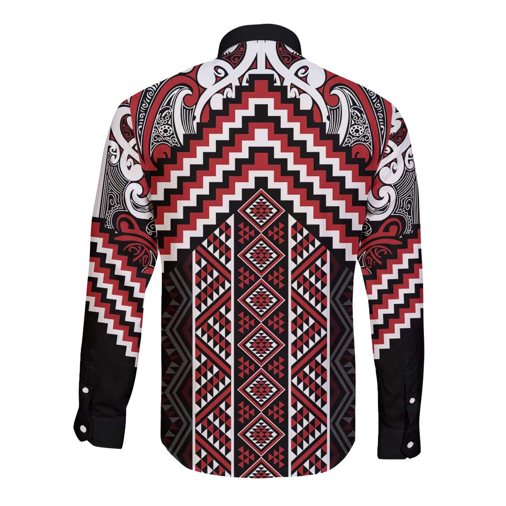 Maori Tukutuku Taniko Motifs Long Sleeve Button Shirt Red Poutama Mix Kowhaiwhai LT7 - Polynesian Pride