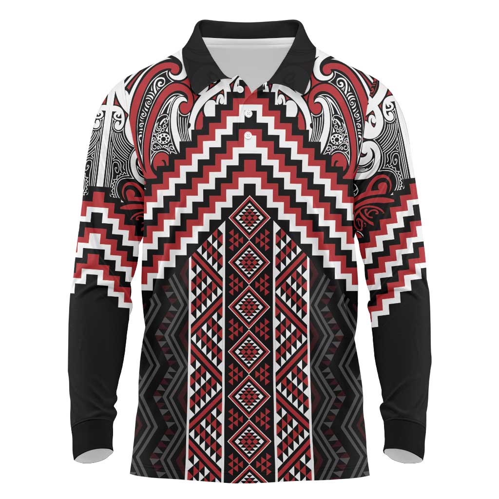 Maori Tukutuku Taniko Motifs Long Sleeve Polo Shirt Red Poutama Mix Kowhaiwhai