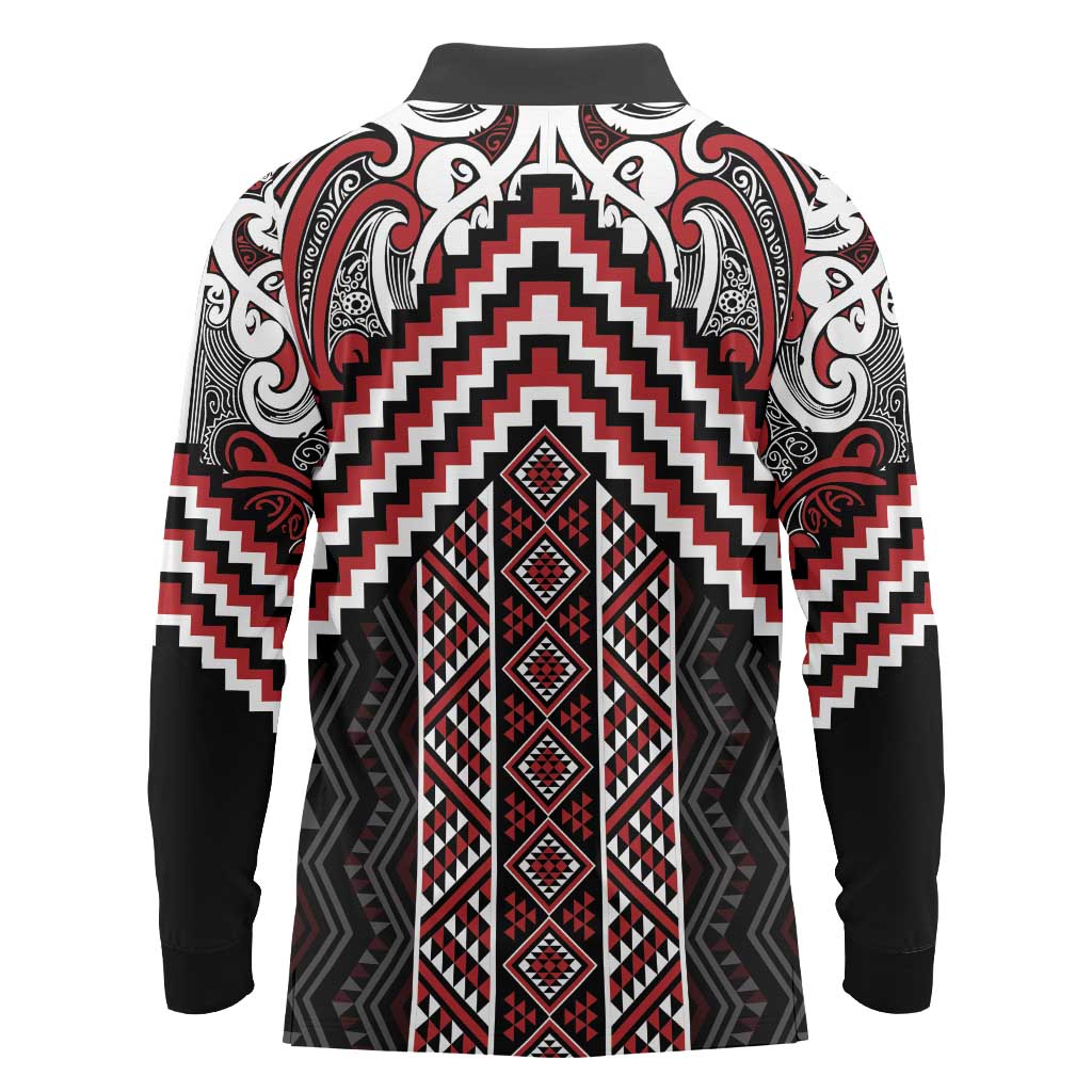 Maori Tukutuku Taniko Motifs Long Sleeve Polo Shirt Red Poutama Mix Kowhaiwhai