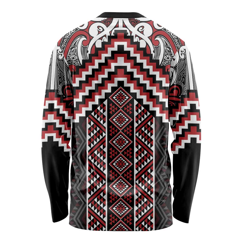 Maori Tukutuku Taniko Motifs Long Sleeve Shirt Red Poutama Mix Kowhaiwhai