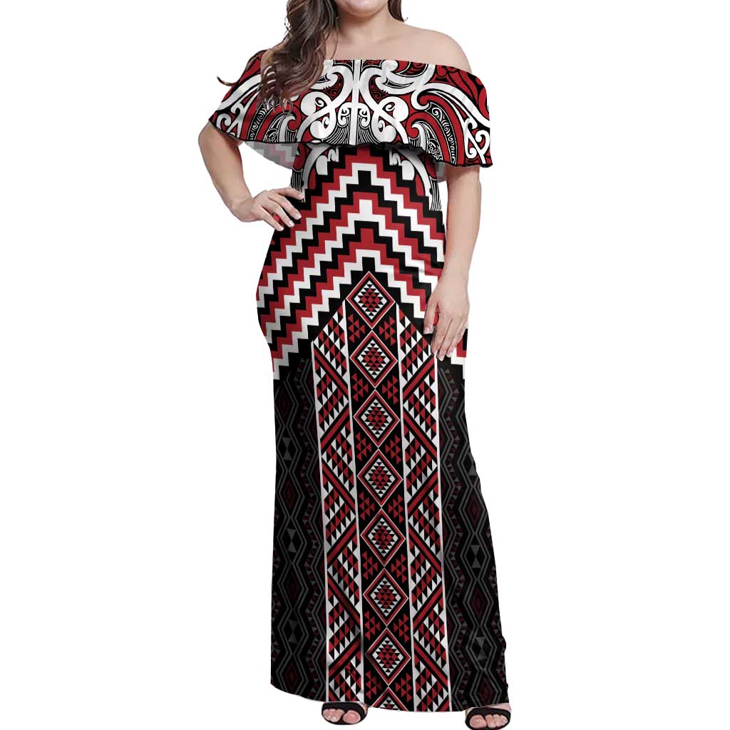 Maori Tukutuku Taniko Motifs Off Shoulder Maxi Dress Red Poutama Mix Kowhaiwhai