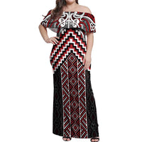 Maori Tukutuku Taniko Motifs Off Shoulder Maxi Dress Red Poutama Mix Kowhaiwhai