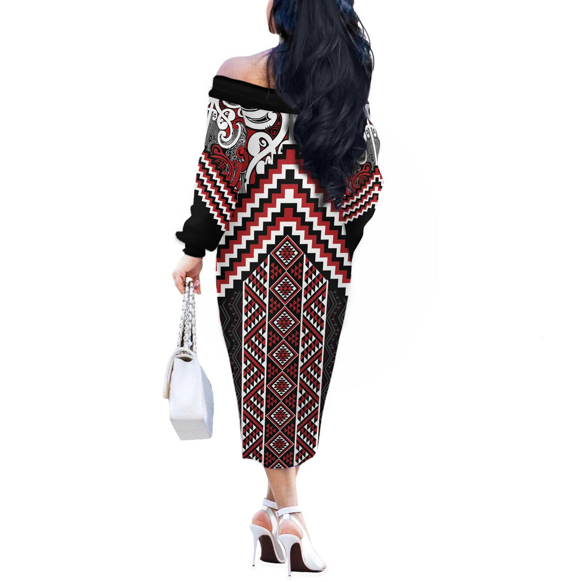 Maori Tukutuku Taniko Motifs Off The Shoulder Long Sleeve Dress Red Poutama Mix Kowhaiwhai