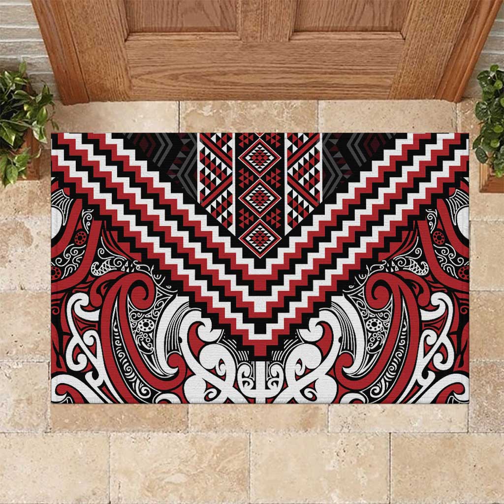 Maori Tukutuku Taniko Motifs Rubber Doormat Red Poutama Mix Kowhaiwhai