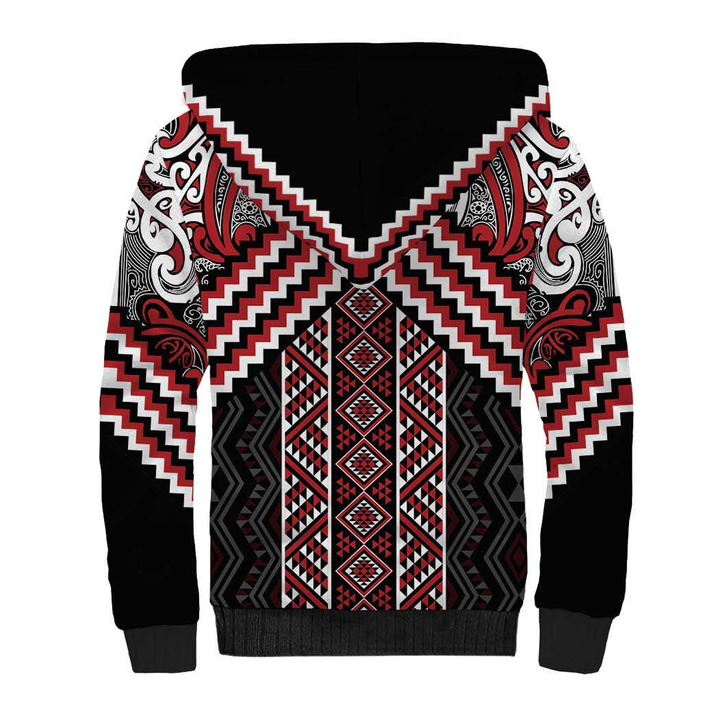 Maori Tukutuku Taniko Motifs Sherpa Hoodie Red Poutama Mix Kowhaiwhai LT7 - Polynesian Pride