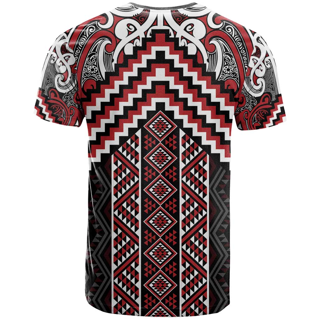 Maori Tukutuku Taniko Motifs T Shirt Red Poutama Mix Kowhaiwhai