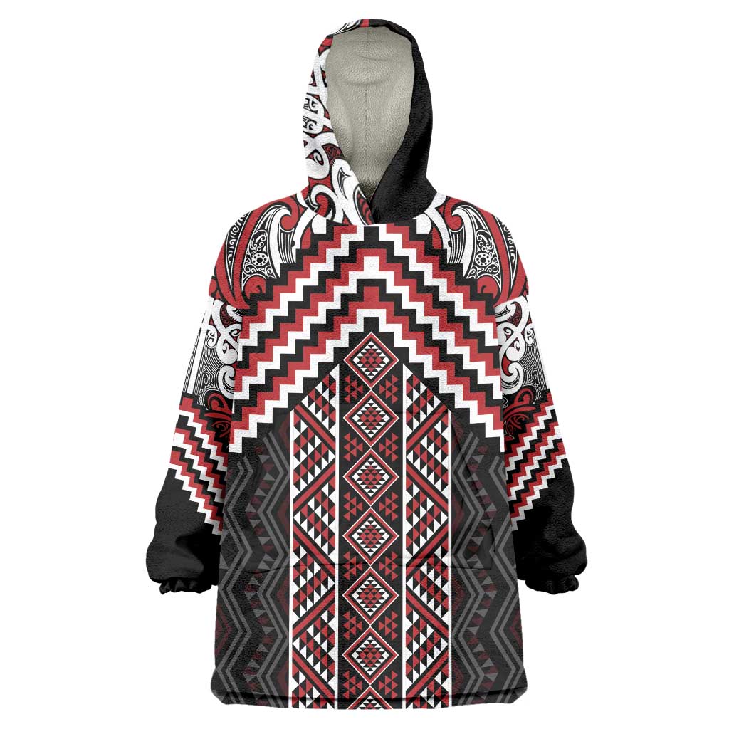Maori Tukutuku Taniko Motifs Wearable Blanket Hoodie Red Poutama Mix Kowhaiwhai LT7 One Size Red - Polynesian Pride