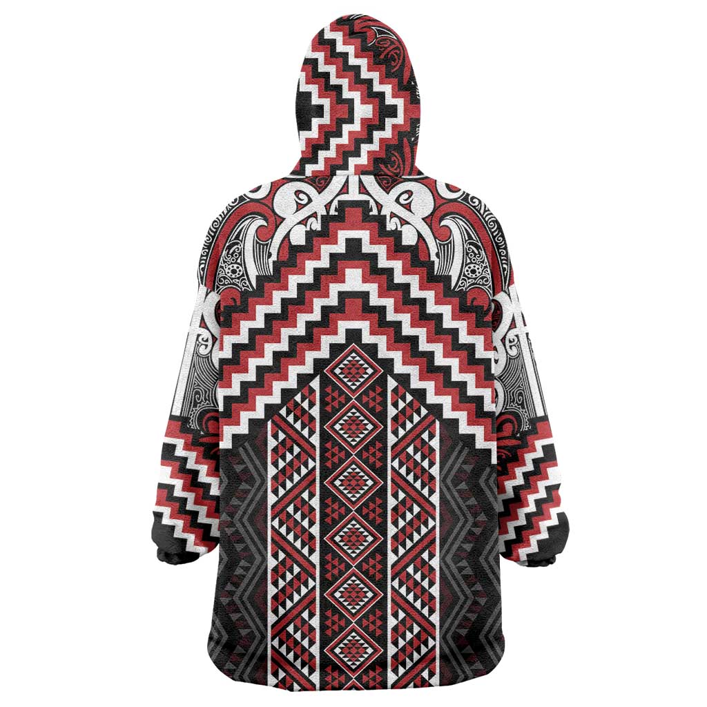 Maori Tukutuku Taniko Motifs Wearable Blanket Hoodie Red Poutama Mix Kowhaiwhai LT7 - Polynesian Pride