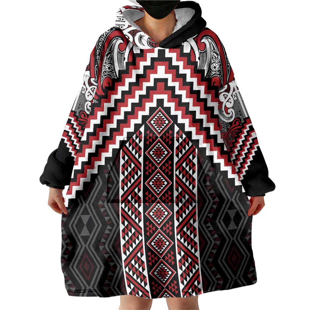 Maori Tukutuku Taniko Motifs Wearable Blanket Hoodie Red Poutama Mix Kowhaiwhai LT7 - Polynesian Pride