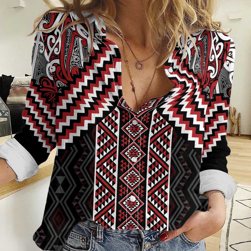 Maori Tukutuku Taniko Motifs Women Casual Shirt Red Poutama Mix Kowhaiwhai LT7 Female Red - Polynesian Pride
