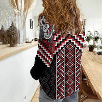 Maori Tukutuku Taniko Motifs Women Casual Shirt Red Poutama Mix Kowhaiwhai LT7 - Polynesian Pride