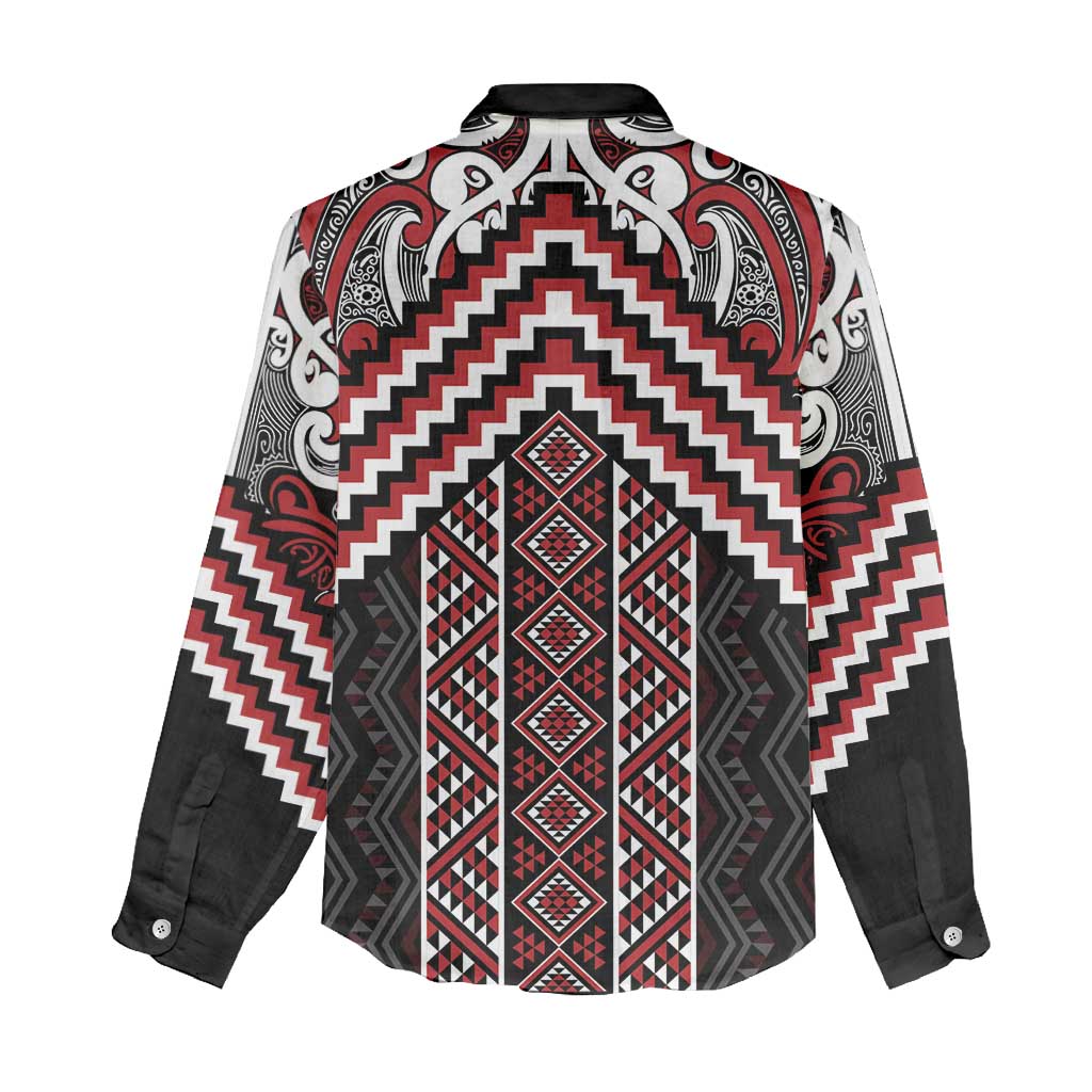 Maori Tukutuku Taniko Motifs Women Casual Shirt Red Poutama Mix Kowhaiwhai LT7 - Polynesian Pride