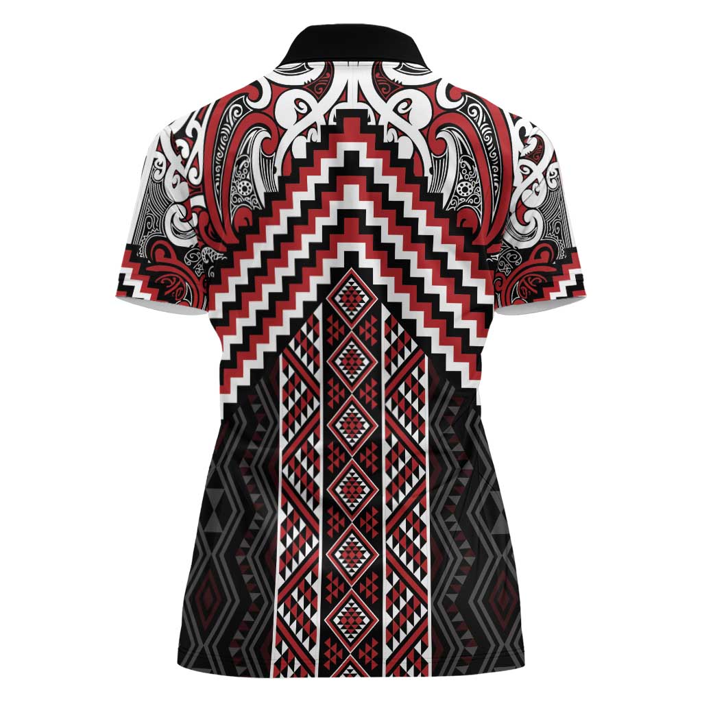 Maori Tukutuku Taniko Motifs Women Polo Shirt Red Poutama Mix Kowhaiwhai