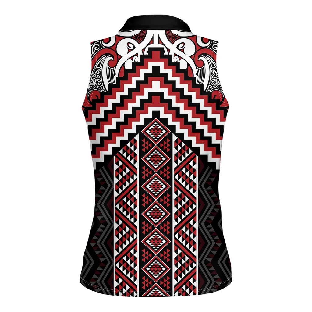 Maori Tukutuku Taniko Motifs Women Sleeveless Polo Shirt Red Poutama Mix Kowhaiwhai
