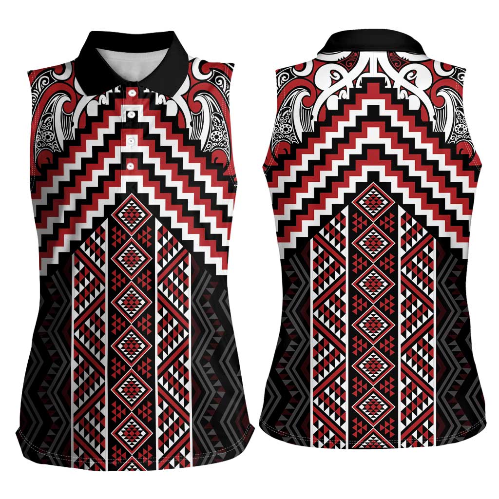 Maori Tukutuku Taniko Motifs Women Sleeveless Polo Shirt Red Poutama Mix Kowhaiwhai