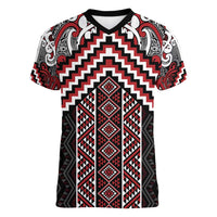 Maori Tukutuku Taniko Motifs Women V-Neck T-Shirt Red Poutama Mix Kowhaiwhai