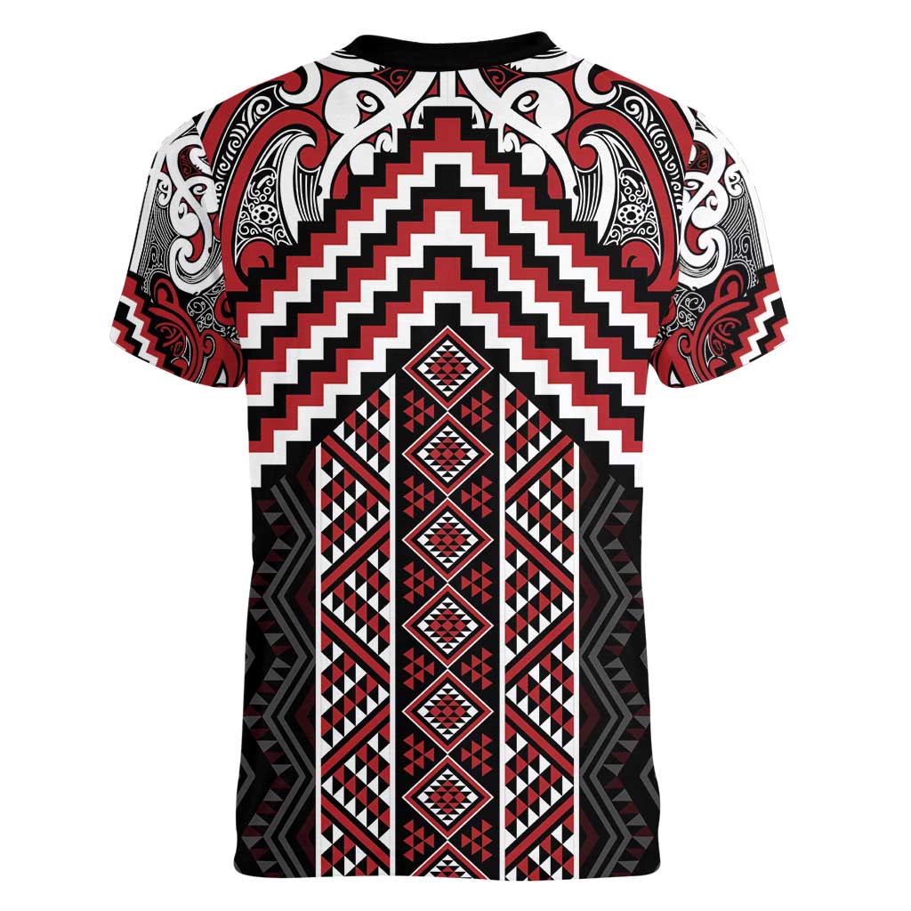 Maori Tukutuku Taniko Motifs Women V-Neck T-Shirt Red Poutama Mix Kowhaiwhai