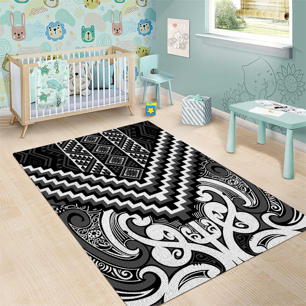 Maori Tukutuku Taniko Motifs Area Rug Black Poutama Mix Kowhaiwhai