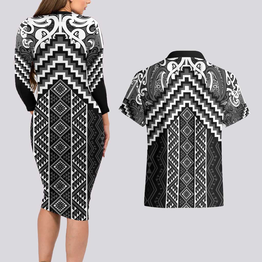 Maori Tukutuku Taniko Motifs Couples Matching Long Sleeve Bodycon Dress and Hawaiian Shirt Black Poutama Mix Kowhaiwhai LT7 - Polynesian Pride