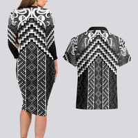 Maori Tukutuku Taniko Motifs Couples Matching Long Sleeve Bodycon Dress and Hawaiian Shirt Black Poutama Mix Kowhaiwhai LT7 - Polynesian Pride