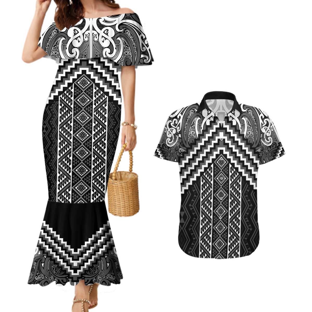Maori Tukutuku Taniko Motifs Couples Matching Mermaid Dress and Hawaiian Shirt Black Poutama Mix Kowhaiwhai