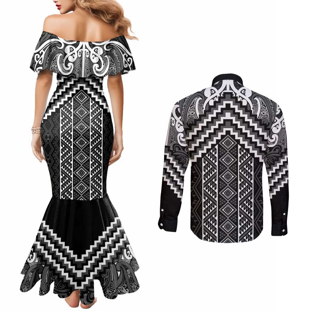 Maori Tukutuku Taniko Motifs Couples Matching Mermaid Dress and Long Sleeve Button Shirt Black Poutama Mix Kowhaiwhai LT7 - Polynesian Pride