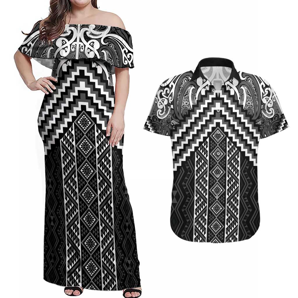 Maori Tukutuku Taniko Motifs Couples Matching Off Shoulder Maxi Dress and Hawaiian Shirt Black Poutama Mix Kowhaiwhai LT7 Black - Polynesian Pride