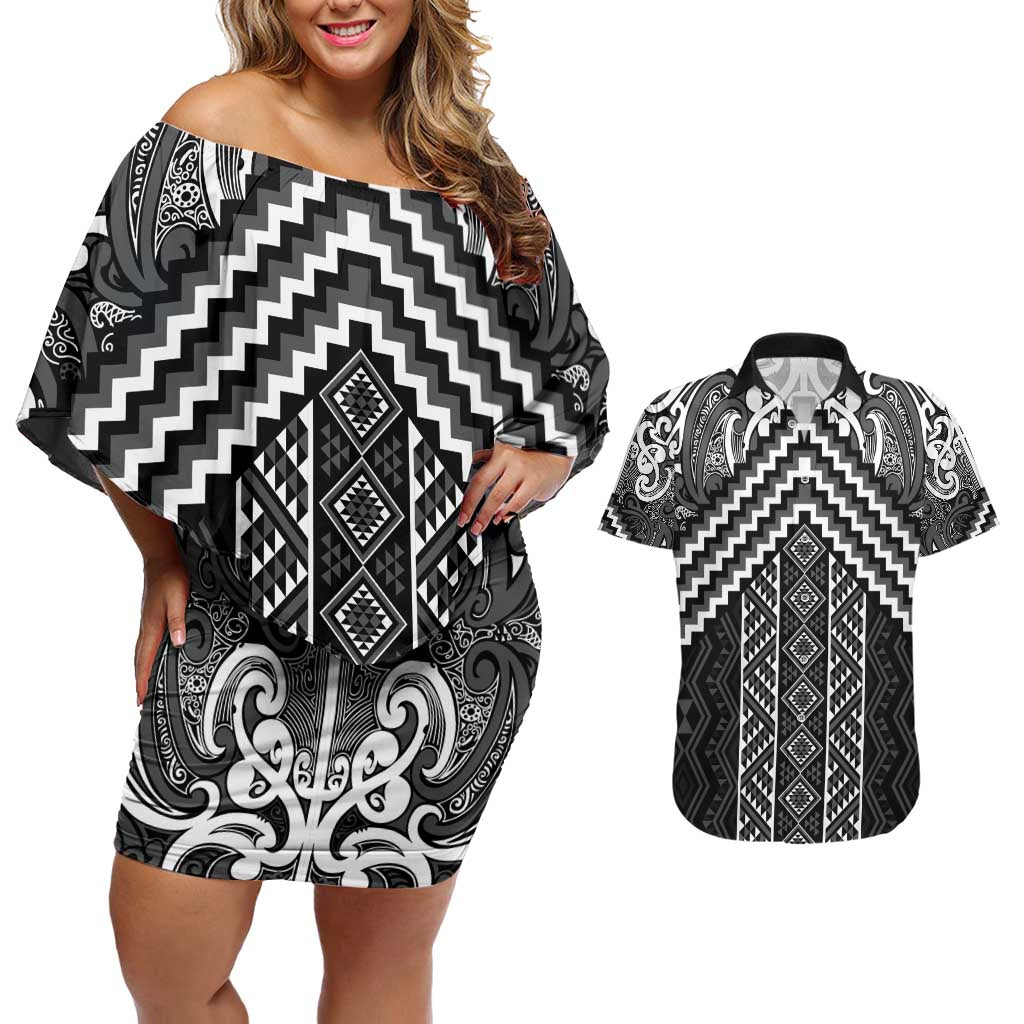 Maori Tukutuku Taniko Motifs Couples Matching Off Shoulder Short Dress and Hawaiian Shirt Black Poutama Mix Kowhaiwhai LT7 Black - Polynesian Pride
