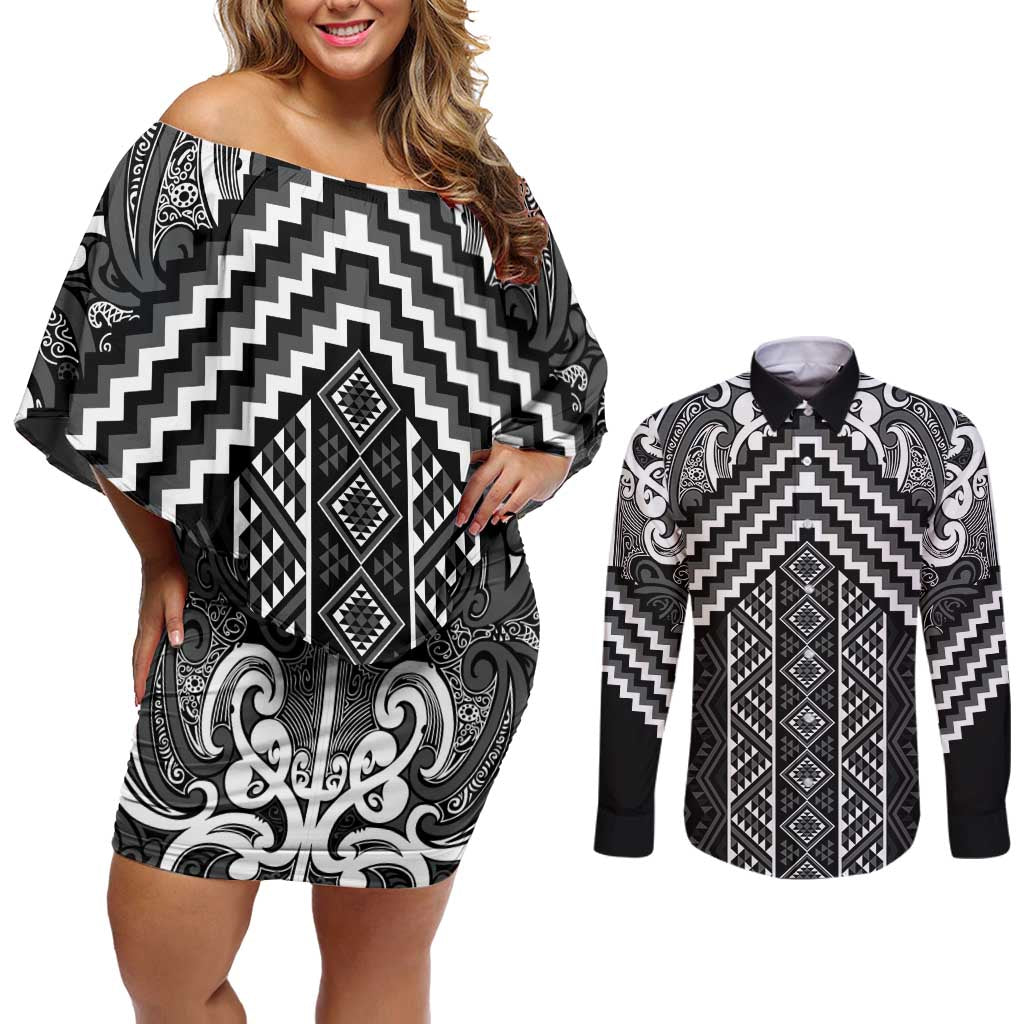 Maori Tukutuku Taniko Motifs Couples Matching Off Shoulder Short Dress and Long Sleeve Button Shirt Black Poutama Mix Kowhaiwhai LT7 Black - Polynesian Pride