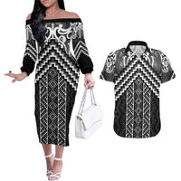 Maori Tukutuku Taniko Motifs Couples Matching Off The Shoulder Long Sleeve Dress and Hawaiian Shirt Black Poutama Mix Kowhaiwhai LT7 Black - Polynesian Pride