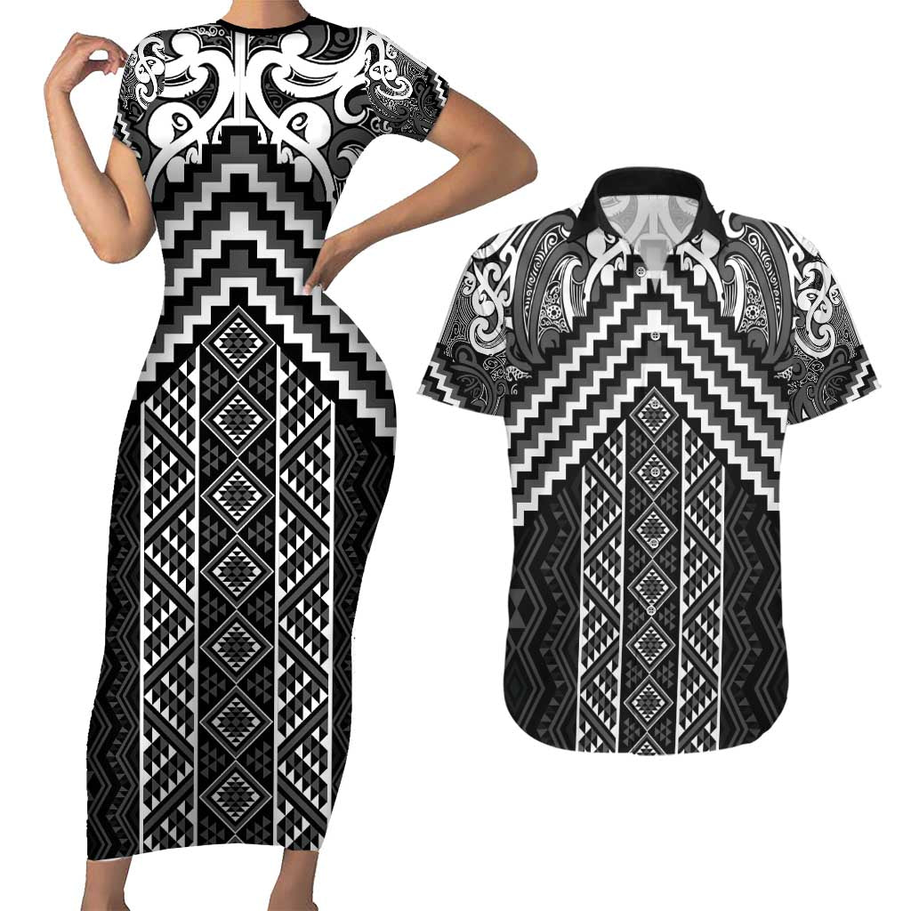 Maori Tukutuku Taniko Motifs Couples Matching Short Sleeve Bodycon Dress and Hawaiian Shirt Black Poutama Mix Kowhaiwhai LT7 Black - Polynesian Pride
