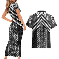 Maori Tukutuku Taniko Motifs Couples Matching Short Sleeve Bodycon Dress and Hawaiian Shirt Black Poutama Mix Kowhaiwhai LT7 - Polynesian Pride