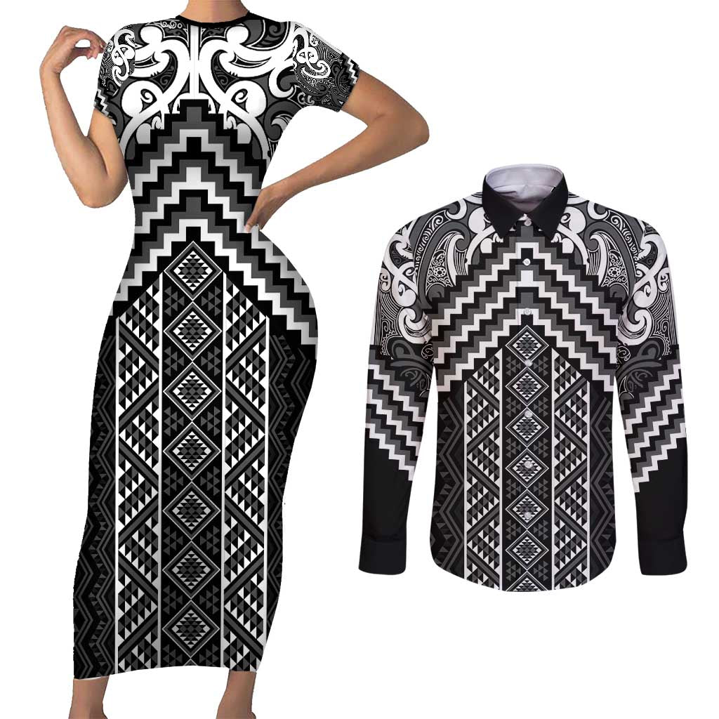 Maori Tukutuku Taniko Motifs Couples Matching Short Sleeve Bodycon Dress and Long Sleeve Button Shirt Black Poutama Mix Kowhaiwhai