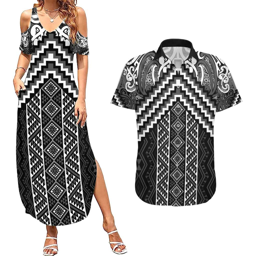 Maori Tukutuku Taniko Motifs Couples Matching Summer Maxi Dress and Hawaiian Shirt Black Poutama Mix Kowhaiwhai LT7 Black - Polynesian Pride
