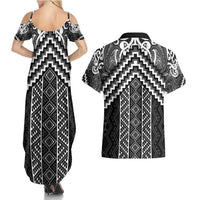 Maori Tukutuku Taniko Motifs Couples Matching Summer Maxi Dress and Hawaiian Shirt Black Poutama Mix Kowhaiwhai LT7 - Polynesian Pride