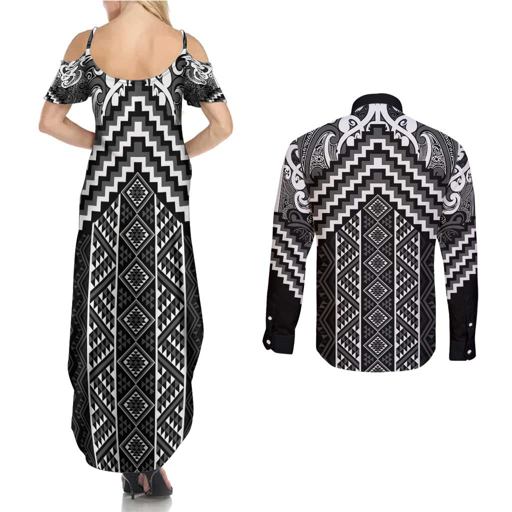 Maori Tukutuku Taniko Motifs Couples Matching Summer Maxi Dress and Long Sleeve Button Shirt Black Poutama Mix Kowhaiwhai LT7 - Polynesian Pride