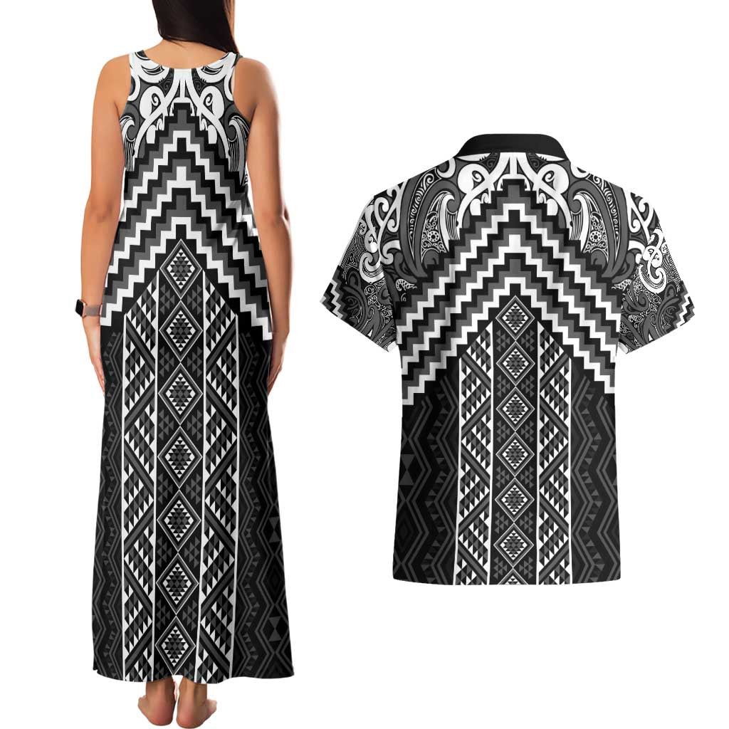 Maori Tukutuku Taniko Motifs Couples Matching Tank Maxi Dress and Hawaiian Shirt Black Poutama Mix Kowhaiwhai LT7 - Polynesian Pride