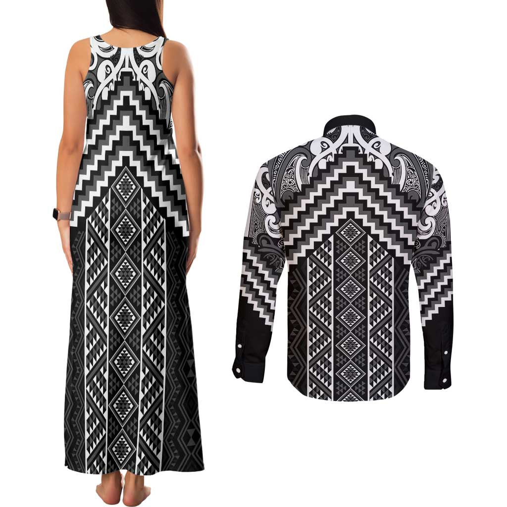 Maori Tukutuku Taniko Motifs Couples Matching Tank Maxi Dress and Long Sleeve Button Shirt Black Poutama Mix Kowhaiwhai LT7 - Polynesian Pride