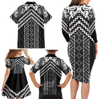 Maori Tukutuku Taniko Motifs Family Matching Long Sleeve Bodycon Dress and Hawaiian Shirt Black Poutama Mix Kowhaiwhai LT7 - Polynesian Pride