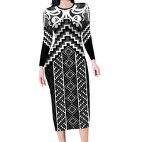 Maori Tukutuku Taniko Motifs Family Matching Long Sleeve Bodycon Dress and Hawaiian Shirt Black Poutama Mix Kowhaiwhai LT7 Mom's Dress Black - Polynesian Pride