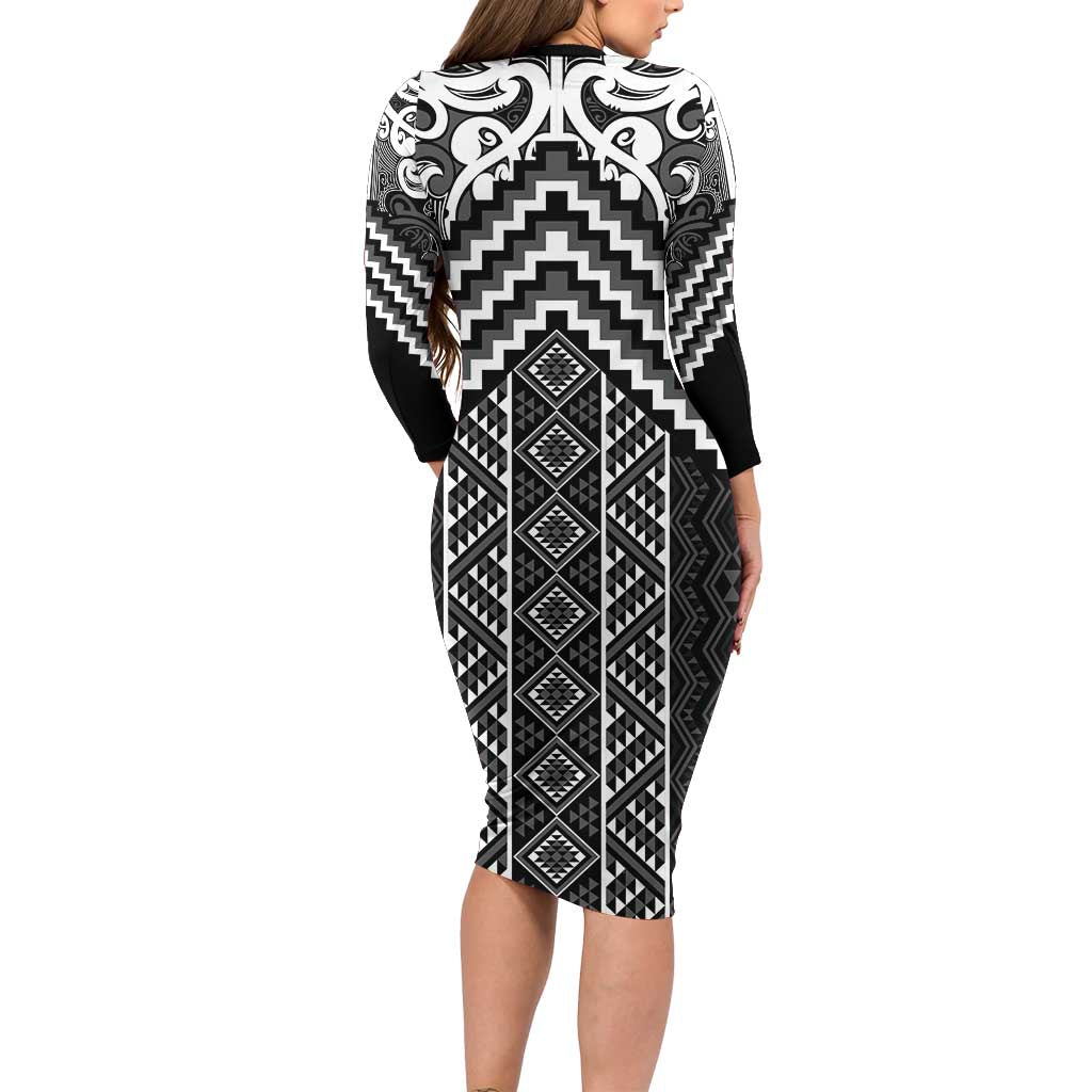 Maori Tukutuku Taniko Motifs Family Matching Long Sleeve Bodycon Dress and Hawaiian Shirt Black Poutama Mix Kowhaiwhai LT7 - Polynesian Pride