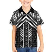 Maori Tukutuku Taniko Motifs Family Matching Long Sleeve Bodycon Dress and Hawaiian Shirt Black Poutama Mix Kowhaiwhai LT7 Son's Shirt Black - Polynesian Pride