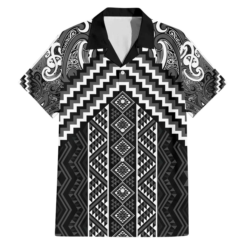 Maori Tukutuku Taniko Motifs Family Matching Mermaid Dress and Hawaiian Shirt Black Poutama Mix Kowhaiwhai LT7 Dad's Shirt - Short Sleeve Black - Polynesian Pride