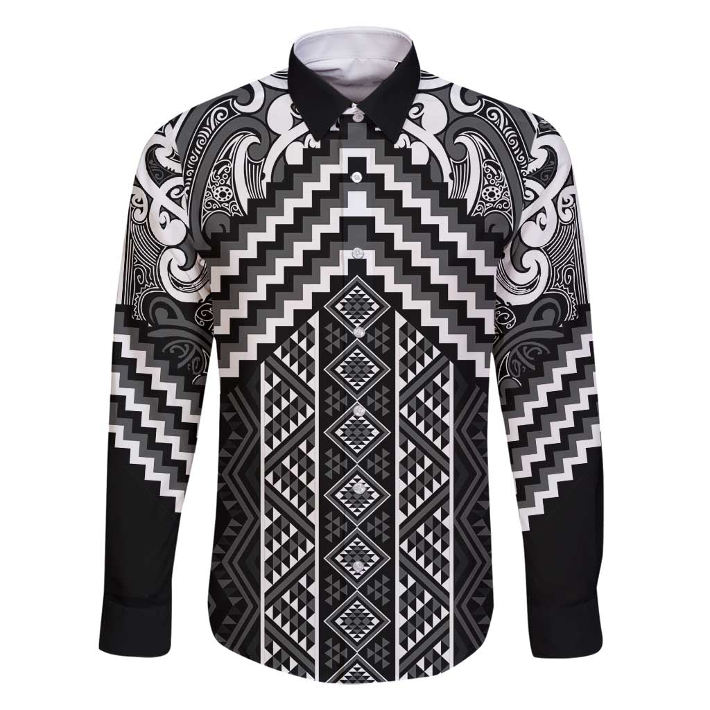 Maori Tukutuku Taniko Motifs Family Matching Mermaid Dress and Hawaiian Shirt Black Poutama Mix Kowhaiwhai LT7 Dad's Shirt - Long Sleeve Black - Polynesian Pride